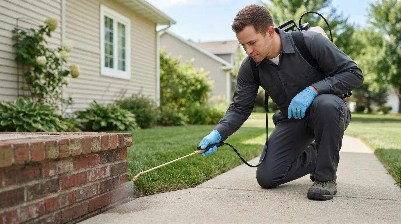 Pest control technician treating a home near Cologne, MN