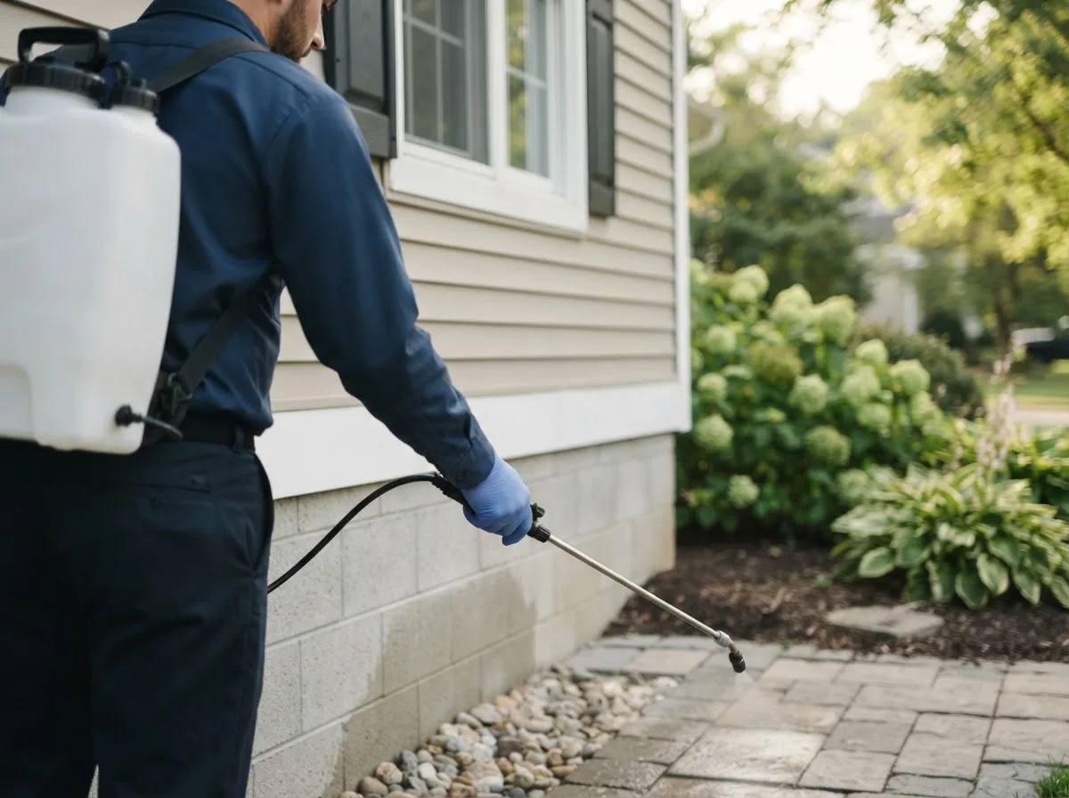 Pest control technician inspecting a home in Cologne, MN